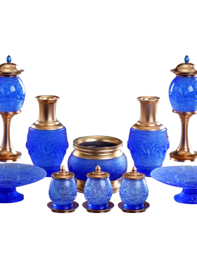 蓝色琉璃供佛供具套装佛堂摆件