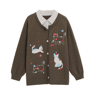 春款大码胖mm韩系减龄假两件格子拼接毛衣女装秋季慵懒高级感上衣