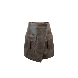 aaaaxbbb圣洛都女枪手 不对称哑光皮裙口袋半身裙A字裙设计感短裙