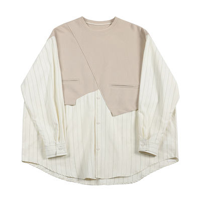 NOEARS春季复古杏色条纹拼接假两件长袖衬衫日系设计感套头上衣