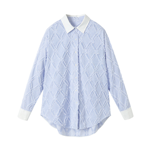 URLAZH有兰春季新款纯色设计感通勤百搭纯棉宽松蓝白条纹衬衫女