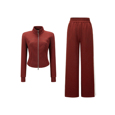CHICHY红色修身立领卫衣长裤套装