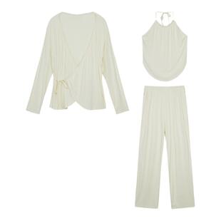 竹纤维带胸垫肚兜睡衣三件套女春秋性感火辣莫代尔挂脖吊带家居服