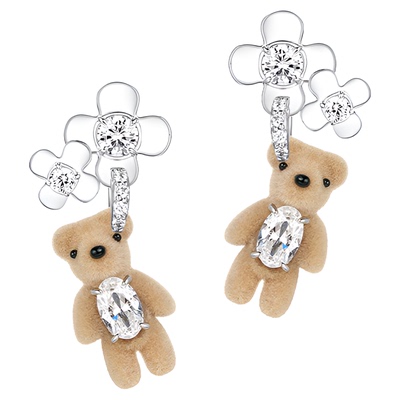 YVMIN尤目 迷你小熊双花朵宝石耳钉植绒小熊银耳饰新年生日礼物