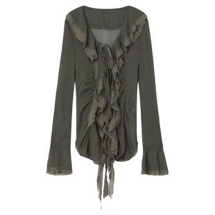 DoublePunch早秋原创肌理薄透纱质收腰抽褶飘带荷叶边雪纺纱衬衣