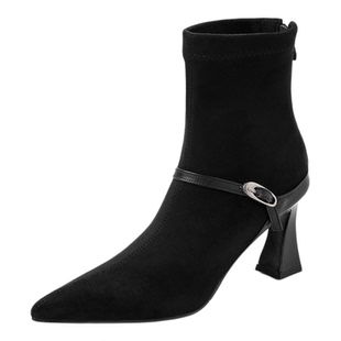 7.5cm配大衣超绝尖头高跟瘦瘦靴2025秋冬气质粗跟短靴女