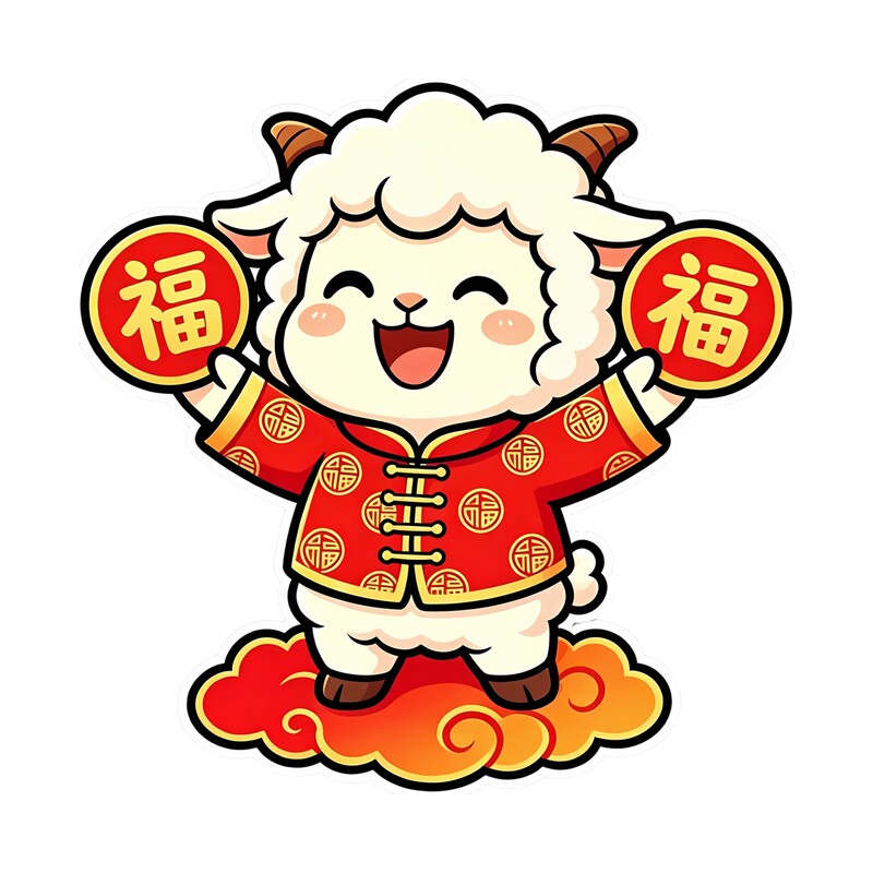 喜庆小羊举福墙贴唐装祥云图案新春节日氛围感防水自粘装饰贴纸画
