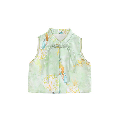 382儿童唐装中式马甲女宝国风坎肩绸缎背心汉服百搭外套古风上衣