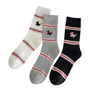 纯棉袜子女款秋冬季白色条纹中筒袜ins潮可爱小狗堆堆长袜无骨袜