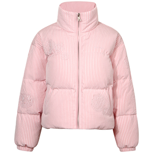 GUUKAHERO粉色条纹立领短款羽绒服女 多巴胺花朵贴布绣面包服外套