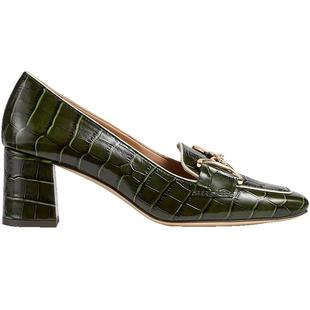 LK BENNETT深绿真皮粗跟乐福鞋女方头高跟小皮鞋通勤复古马衔扣