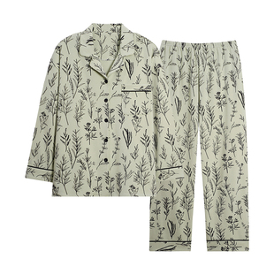 草本西子睡衣女士2026新款冬高级感纯棉秋季长袖浅绿家居服秋冬天