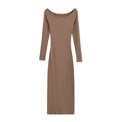 纯欲性感一字肩抓绒连衣裙长裙