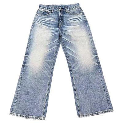 TBR 02战斗牛王 A字型cleanfit浅蓝水洗雪花纹宽松做旧直筒牛仔裤