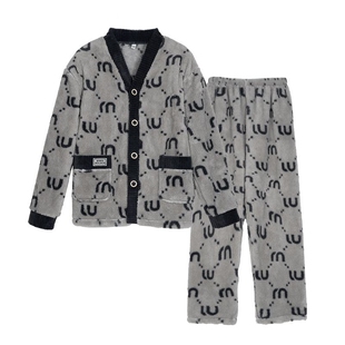 秋冬款V领M字母男士珊瑚绒加厚保暖可外穿家居服男士开衫套装睡衣
