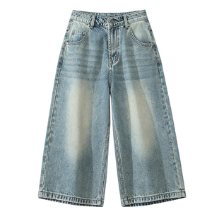 怀旧色七分牛仔裤女款夏2026年新款阔腿宽松中裤休闲百搭直筒裤子