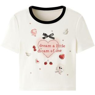 乐町甜美少女撞色胸前满印T恤早春柔软舒适修身内搭短袖