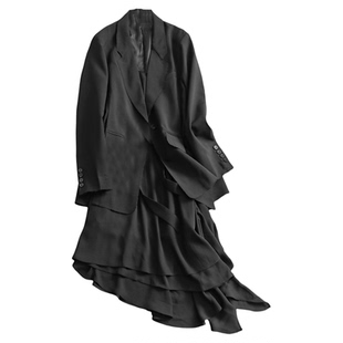 毛边侧开叉纯色宽松中长款西服可配一整套吊带连衣裙两件套装W285