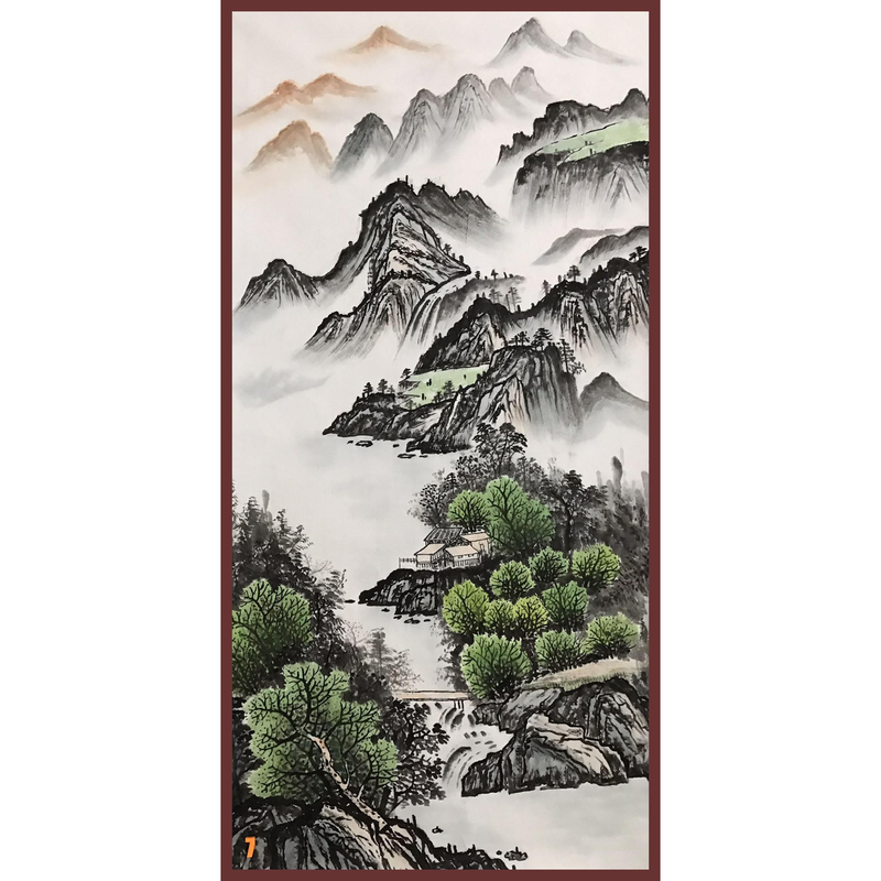 手工绘制新中式山水风景国画瀑布树木山石小桥流水竖幅玄关装饰画