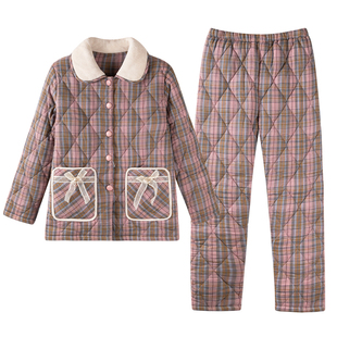 睡衣女士冬季三层加厚夹棉袄冬天珊瑚绒加绒保暖可外穿纯棉家居服