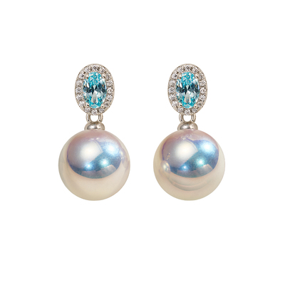 澳母贝海蓝宝两戴珍珠耳环天女粉
