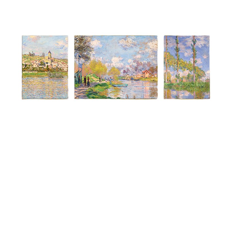 莫奈客厅装饰画北欧风景挂画现代简约大气沙发背景墙壁画三联油画