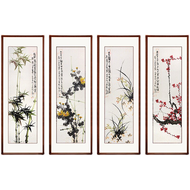 梅兰竹菊四条屏沙发花鸟手绘国画