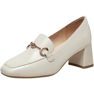 百思图奥莱秋季新款商场同款金属扣乐福鞋粗跟单鞋KA103AA3