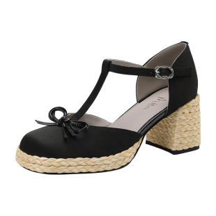 MILLIE'S/妙丽2026春夏季坡跟凉鞋女蝴蝶结草编外穿凉拖复古单鞋Z