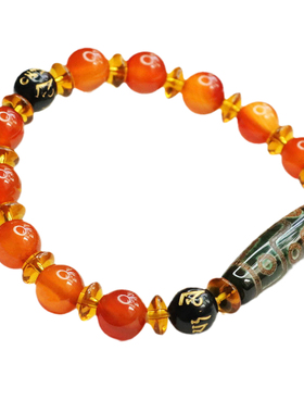 天珠手串红玛瑙六字真言玉髓手链复古风男女士吉祥纳福礼物饰品