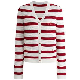 Navigare意大利小帆船红色条纹针织衫女士春季新款时尚V领开衫