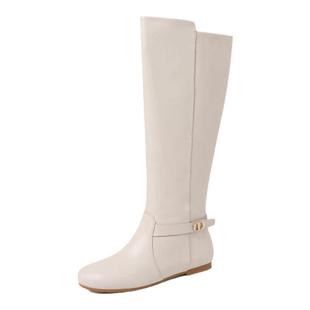长靴女秋冬新款高筒靴平底长筒靴圆头大码舒适骑士靴白色真皮靴子