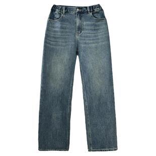 陈小满原创设计蓝色直筒牛仔裤女2026春季橡筋腰宽松阔腿裤子