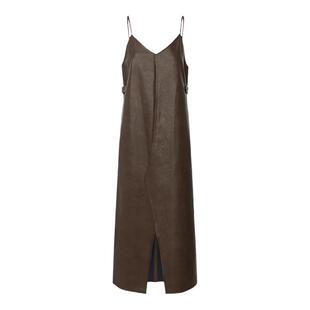 GCRUES商场同款气质显瘦2025复古时髦pu皮吊带连衣裙 G11D08A0352