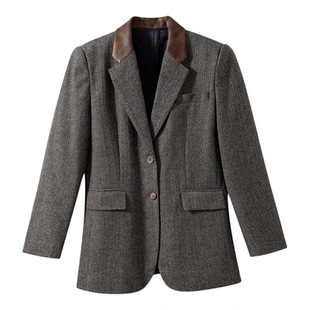 【优雅不过时】 羊毛人字呢 老钱风皮革拼接翻驳领两粒扣西装外套