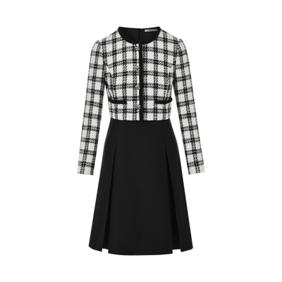 LIME莱茵时髦复古摩登拼色连衣裙2024秋冬新款格纹黑白配色裙子