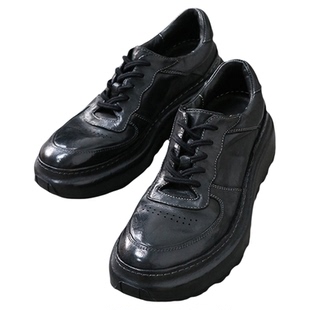 优100高端马皮手工鞋休闲男鞋增高厚底板鞋小黑鞋复古水洗老爹鞋