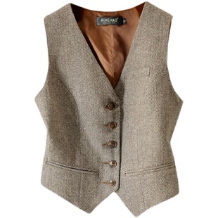 英伦修身显瘦马甲帅气主播西装马夹短款无袖复古毛呢背心女春秋潮