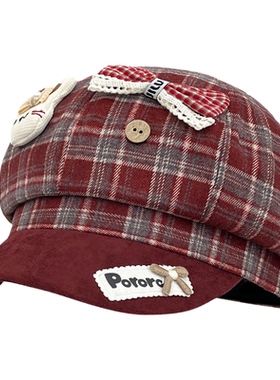 可爱格纹蝴蝶结八角画家帽女春秋