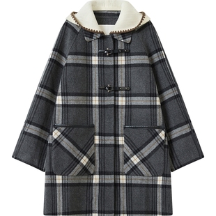播复古松弛宽松短款格子羊毛呢外套女冬季呢大衣DDS4AD5136