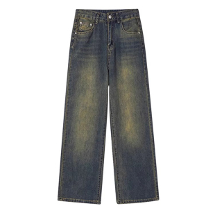 水泥灰阔腿牛仔裤女冬季加绒梨形身材胖mm宽松大码显瘦垂感直筒裤