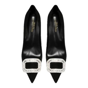 高级轻奢黑色水钻方扣高跟鞋女细跟2025时尚新款法式绒面尖头单鞋