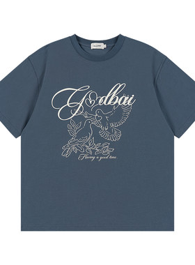 GOODBAI 春夏双鸽爱心撞色印花圆领休闲宽松百搭短袖T恤女