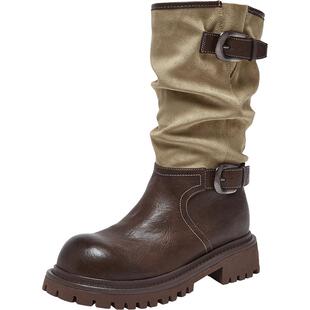 百思图2025冬季新款厚底堆堆靴西部靴短筒骑士靴女中筒靴BP996DZ5