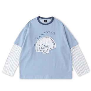 LAMLICKA周深同款能量小狗假两件长袖T恤男ins潮新款纯棉上衣情侣