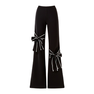 胖mm特大码女装美式复古蝴蝶结牛仔裤女秋季黑色裤子设计感阔腿裤