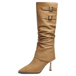 红蜻蜓长靴女冬季新款女靴高筒靴加绒保暖尖头长筒靴弹力高跟靴子