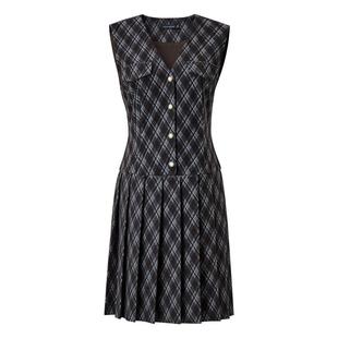 颜域独特设计感V领连衣裙女2025冬季新款复古短款拼接百褶背心裙