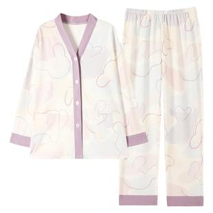 浪莎纯棉睡衣女春秋款长袖休闲宽松加大码甜美V领开衫家居服套装