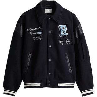 HM男装女装夹克冬季时尚宽松翻领印花毛毡徽章棒球服外套1238523